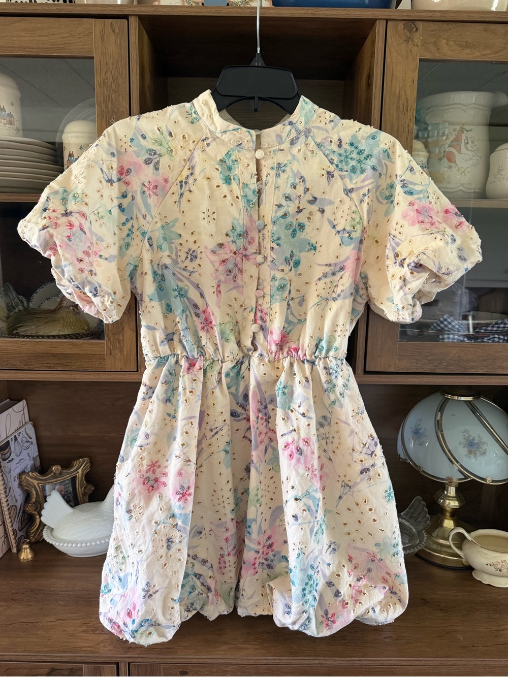 Lovelo Pastel Floral Eyelet Cotton Balloon Hem Mini Dress Size Small Pockets